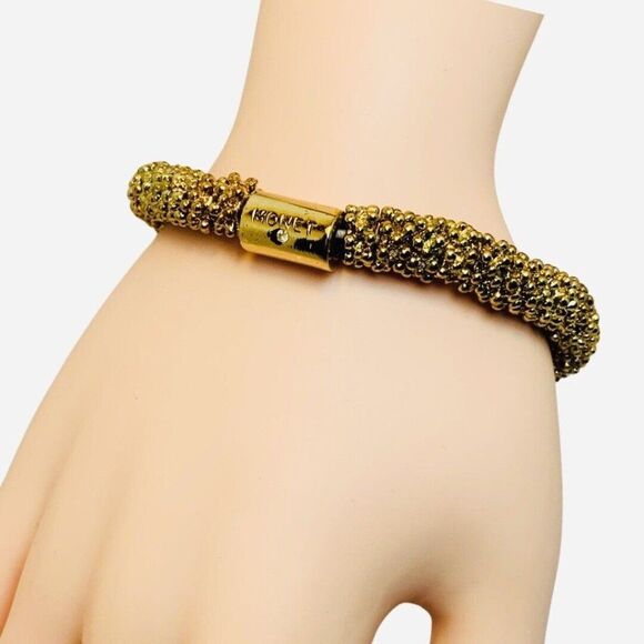 Vintage Monet Gold Tone Tube Beaded Roll On Stretch Bracelet Size 7" - Picture 2 of 6